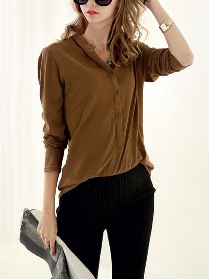 Romwe Stand Collar Buttons Khaki Blouse