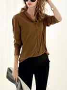Romwe Stand Collar Buttons Khaki Blouse