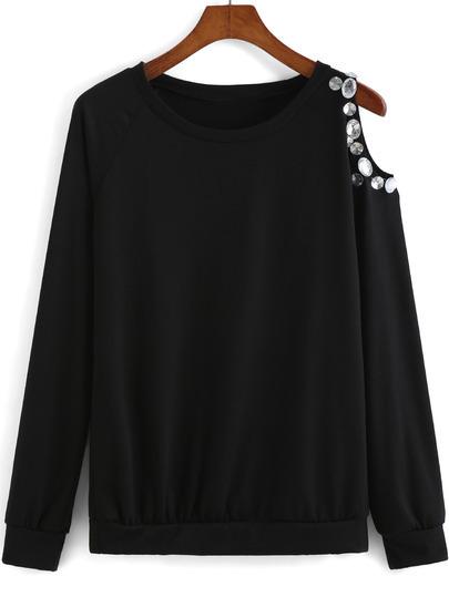 Romwe Black Round Neck One-shoulder Rhinestone T-shirt