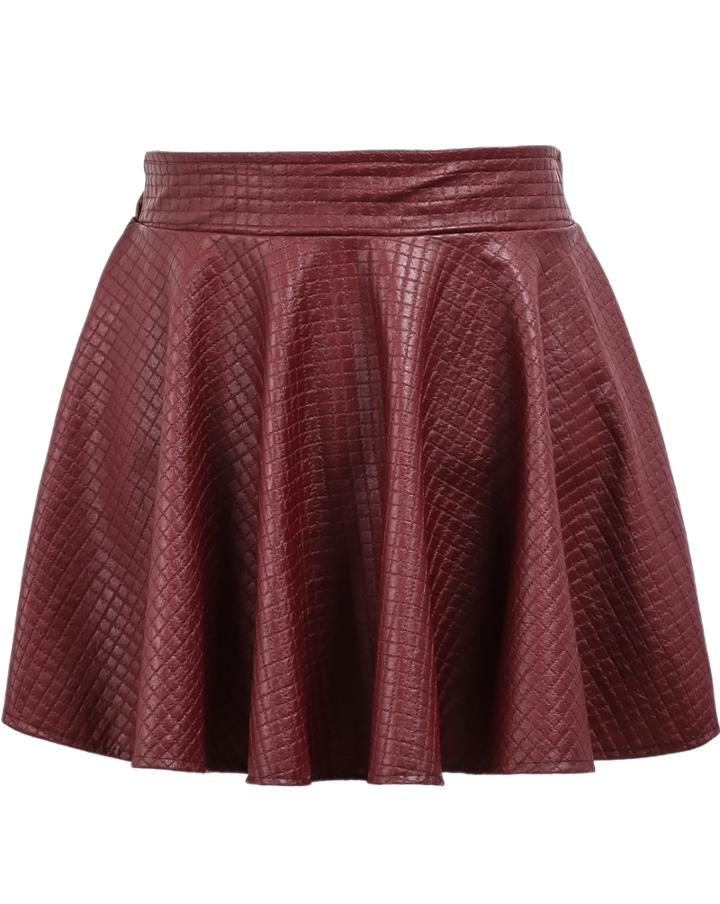 Romwe Plaid Pleated Leather Red Skirt