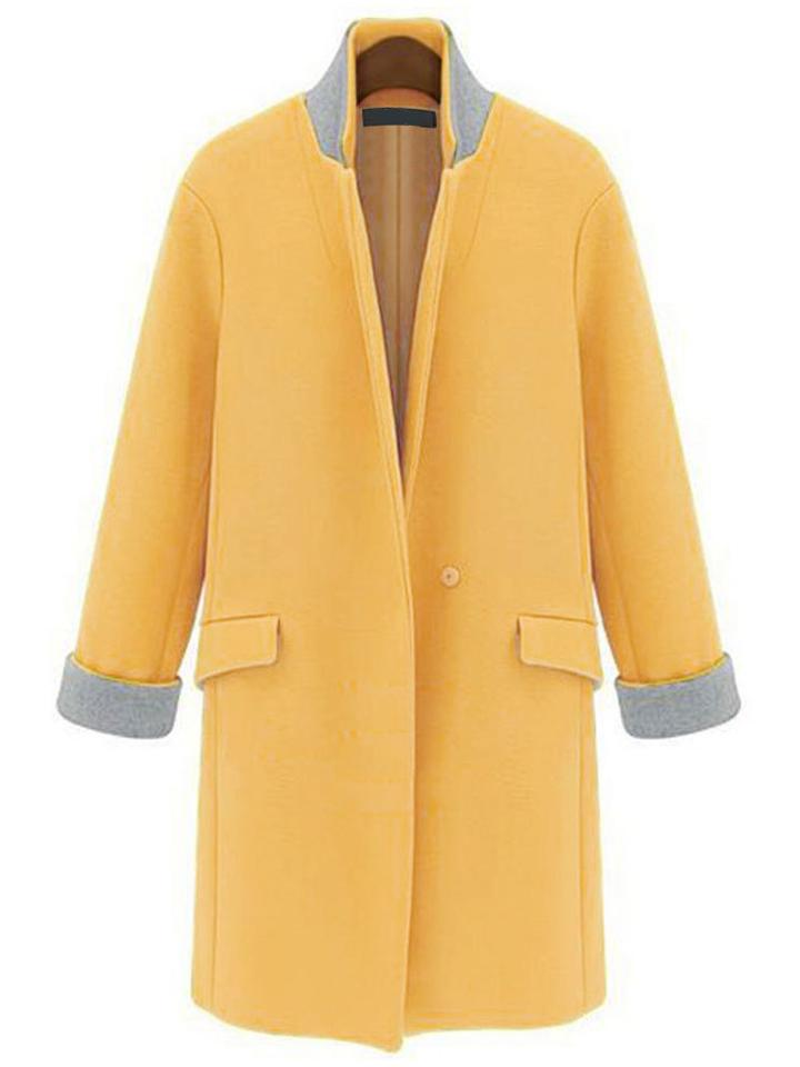 Romwe Stand Collar Single Button Pockets Yellow Coat