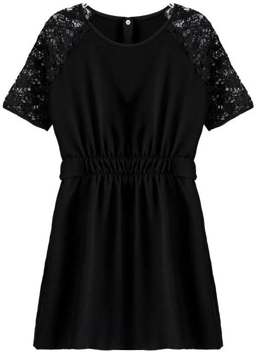 Romwe Black Lace Short Sleeve Buttons Dress