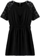 Romwe Black Lace Short Sleeve Buttons Dress
