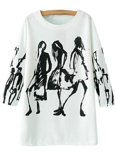 Romwe Black White Round Neck Print Pullover Sweatshirt