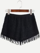 Romwe Crochet Elastic Waist Fringe Black Loose Shorts