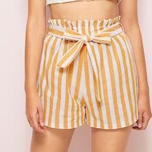 Romwe Stripe Print Belted Paperbag Waist Shorts