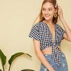 Romwe Gingham Tie Front Blouse