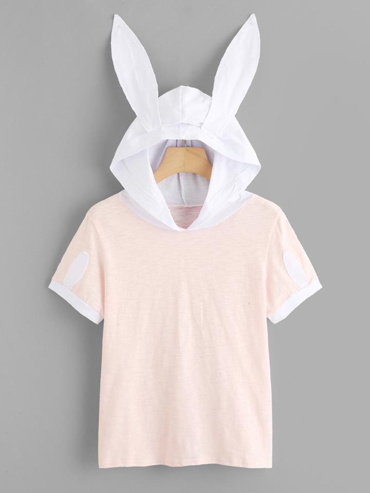 Romwe Contrast Rabbit Ear Hooded Tee