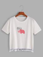 Romwe Elephant Print Tassel Hem T-shirt