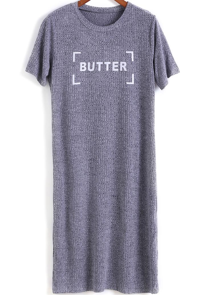 Romwe Grey Short Sleeve Letter Print Dress