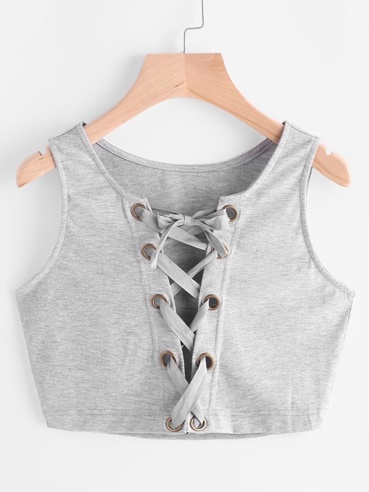 Romwe Eyelet Lace Up Front Crop Tank Top