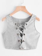Romwe Eyelet Lace Up Front Crop Tank Top