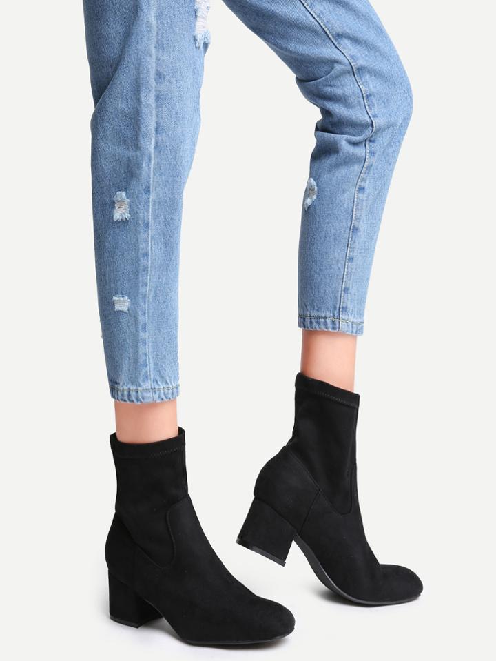 Romwe Black Faux Suede Chunky Heel Short Boots