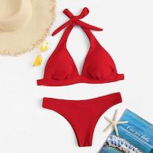Romwe Ribbed Ruched Halter Top With Cheeky Bikini