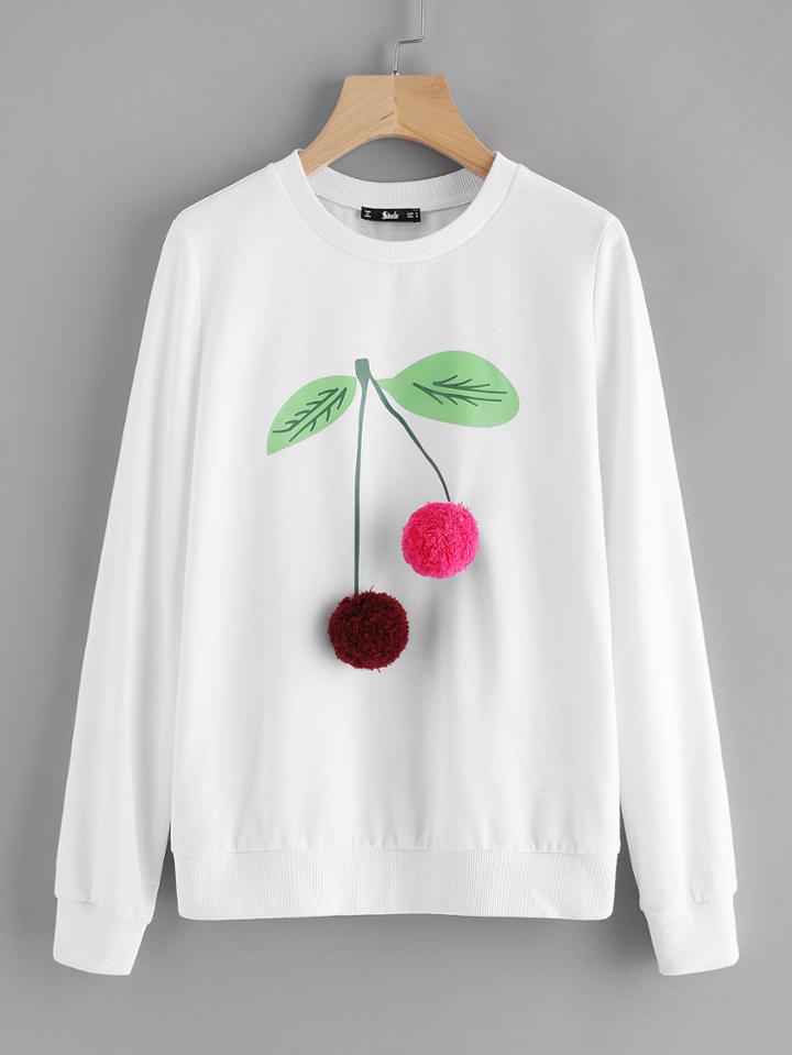 Romwe Pom Pom Cherry Sweatshirt