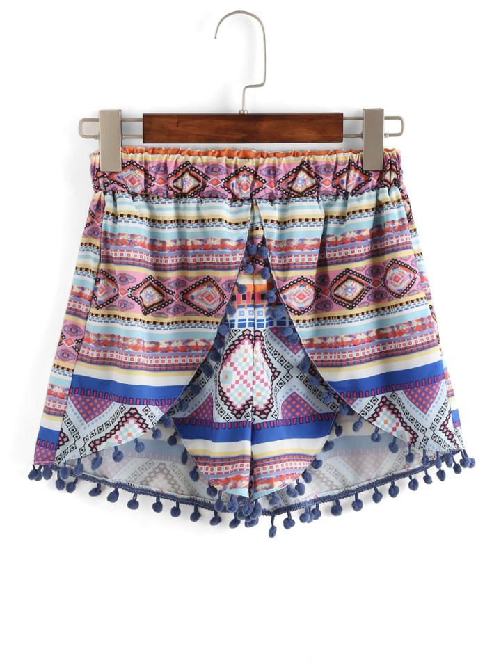 Romwe Geometric Print Pom Pom Shorts