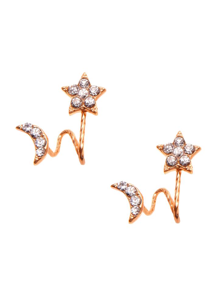Romwe Gold Plated Rhinestone Star Moon Stud Earrings