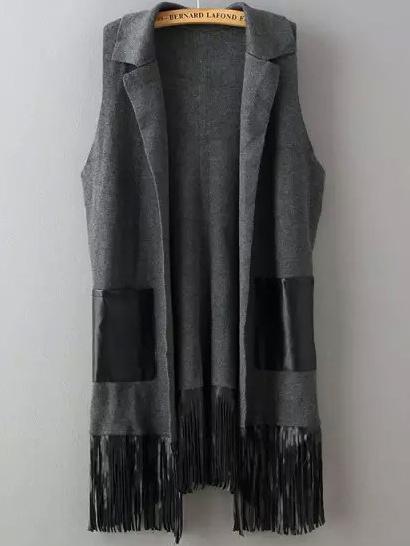 Romwe Contrast Pu Leather Pockets Tassel Grey Sweater Vest
