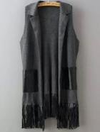 Romwe Contrast Pu Leather Pockets Tassel Grey Sweater Vest