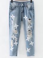 Romwe Light Blue Printed Knee Ripped Jeans