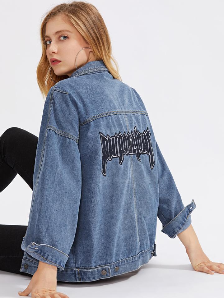 Romwe Letter Embroidered Boyfriend Denim Jacket