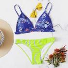 Romwe Random Floral Top With Wave Print Bikini Set