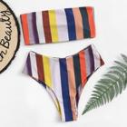 Romwe Random Striped Bandeau With High Leg Bikini Set