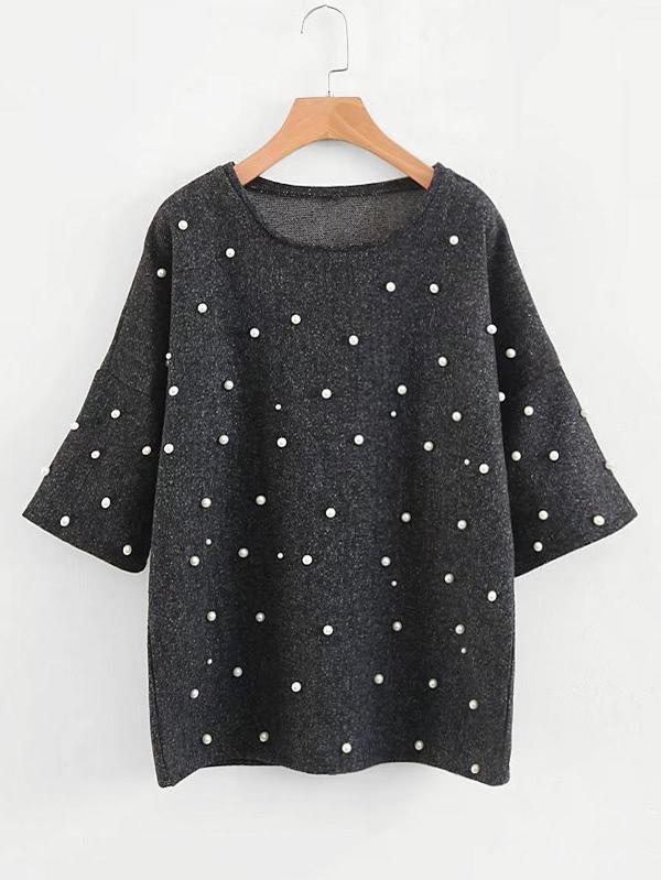 Romwe Faux Pearl Oversized Top