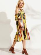 Romwe Multicolor Vertical Stripe Print Ruffled Cold Shoulder Dress