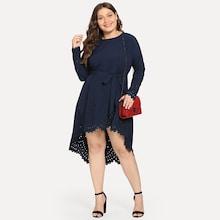 Romwe Plus Belted Laser Cut Dip Hem Dress