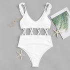 Romwe Criss Cross Frill Strap One Piece Swim
