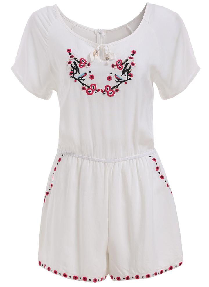 Romwe Short Sleeve Embroidered White Romper