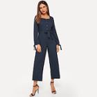 Romwe Single Button Knot Waist Square Neck Jumpsuits