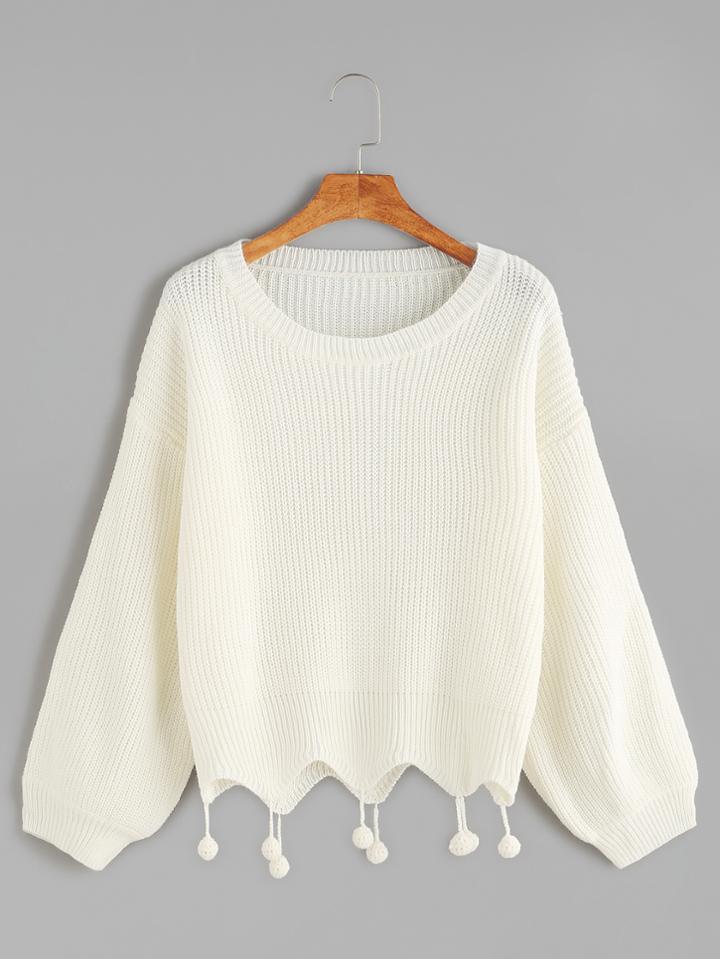 Romwe Beige Drop Shoulder Wave Hem Pom Pom Sweater
