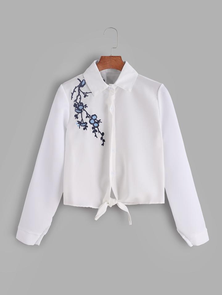 Romwe Tie Hem Plum Blossom Embroidered Blouse