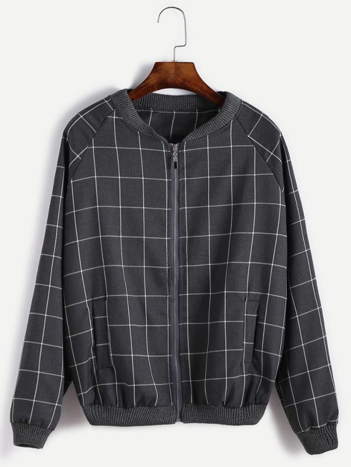 Romwe Dark Grey Grid Raglan Sleeve Patch Back Zipper Jacket