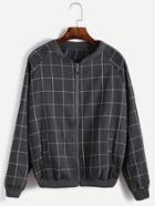 Romwe Dark Grey Grid Raglan Sleeve Patch Back Zipper Jacket