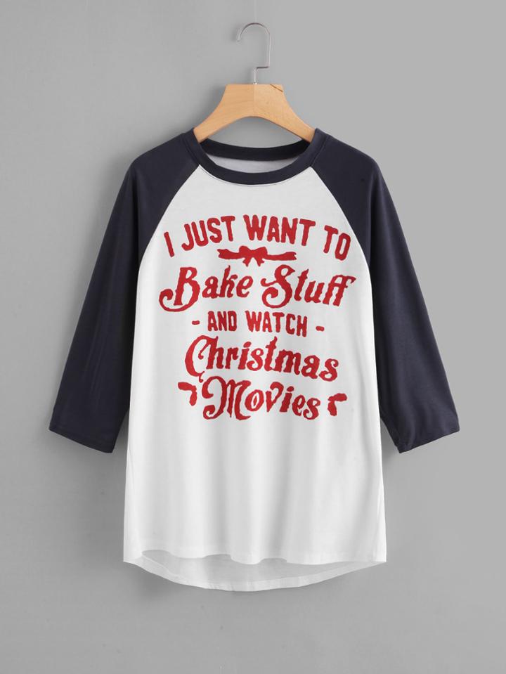 Romwe Slogan Print Contrast Sleeve Tee