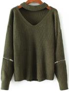 Romwe Army Green Choker V Neck Zipper Detail Sweater