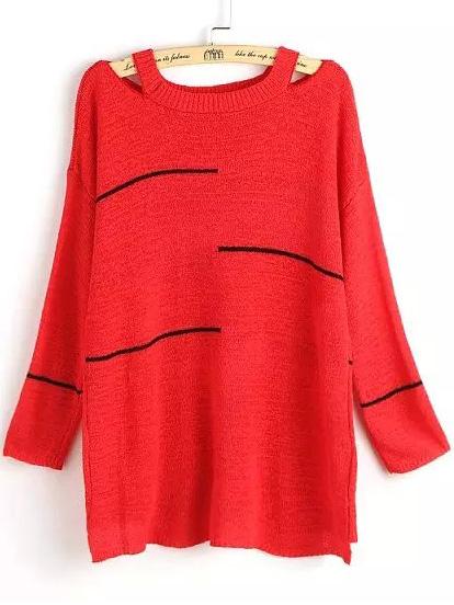 Romwe Striped Open Shoulder Knit Red Sweater