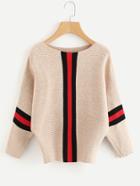 Romwe Contrast Striped Ribbed Batwing Sweater