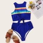 Romwe Striped Top With Ruched High Waist 2 Piece Swimsuit