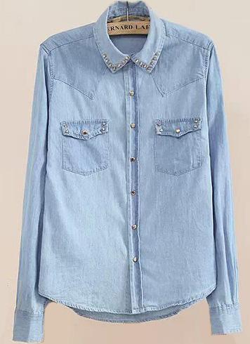 Romwe Rivet Pockets Denim Blouse