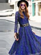 Romwe Blue Round Neck Long Sleeve Drawstring Lace Dress