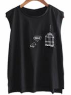 Romwe Black Dip Hem Birdcage Print Casual T-shirt