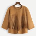 Romwe Plus Fringe Patched Open Front Suede Coat