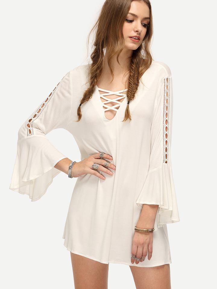 Romwe White V-neck Bell Sleeve Shift Dress