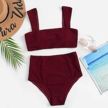 Romwe Wide Straps Top With High Waist Bikini Set