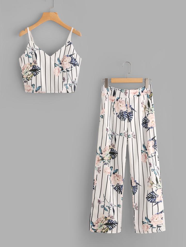 Romwe Botanical Print Pinstripe Cami Top With Pants