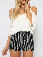 Romwe Cold Shoulder Crisscross Back Crochet White Top